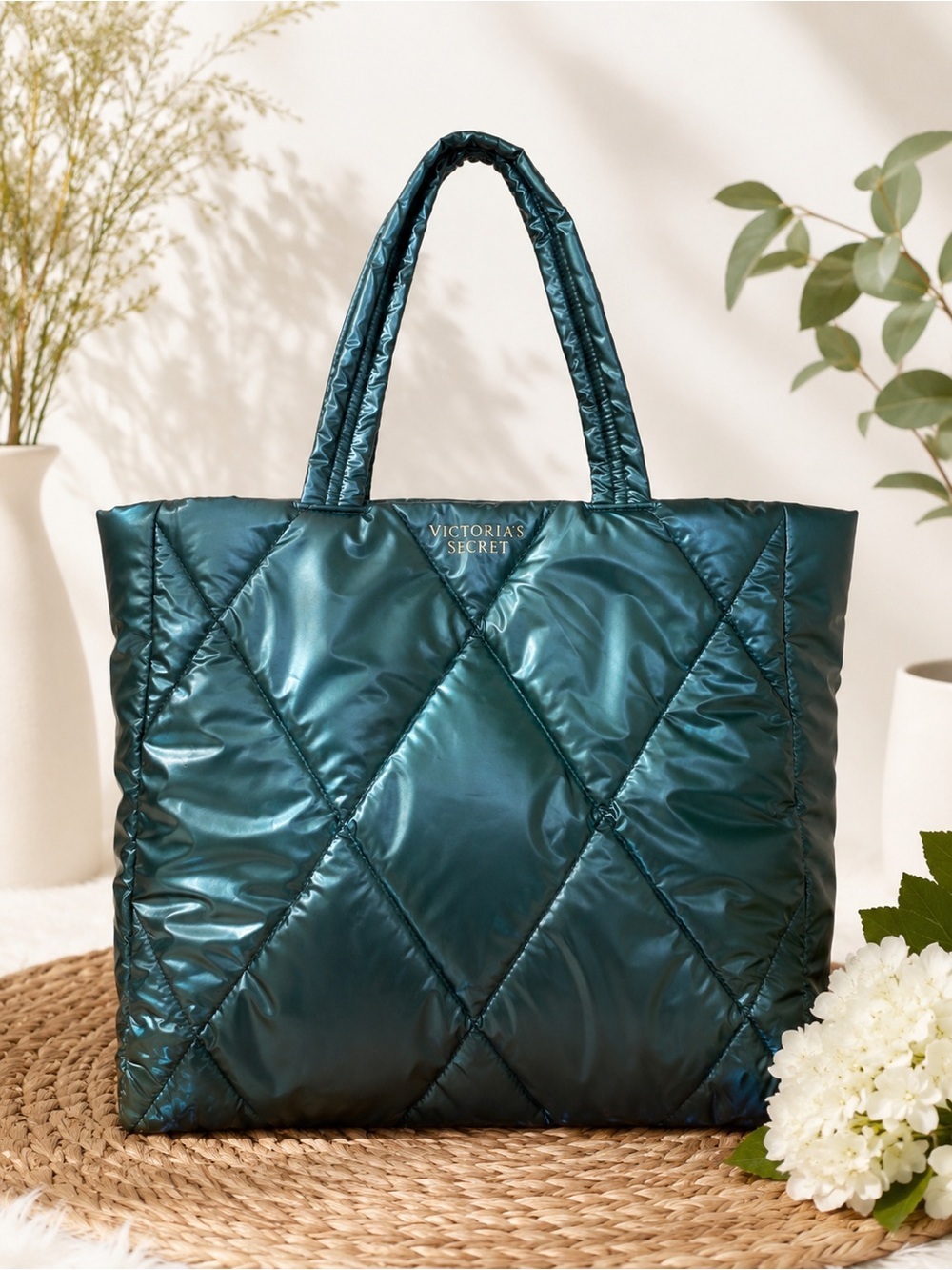 Victoria's Secret Quilted Shiny Tote - Teal Green